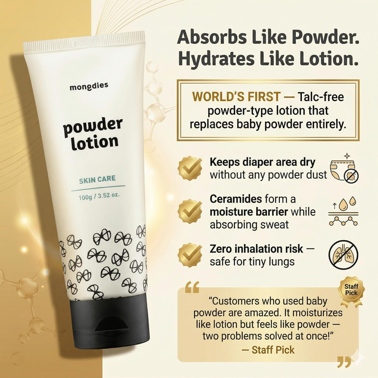 Mongdies Baby Powder Lotion 100g | Talc-Free Corn Starch | 6-Layer Ceramide | Diaper Area Protection