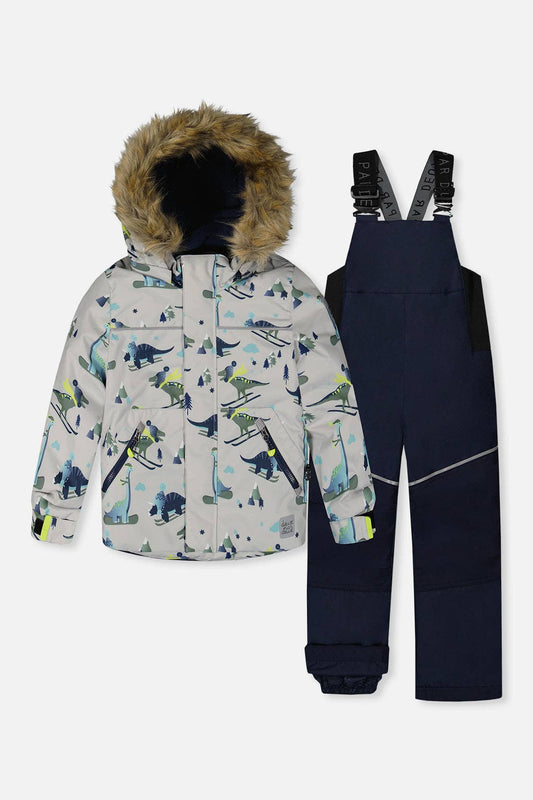 [Pre-order] Two Piece Discover Snowsuit Grey Skiing Dinosaur Print