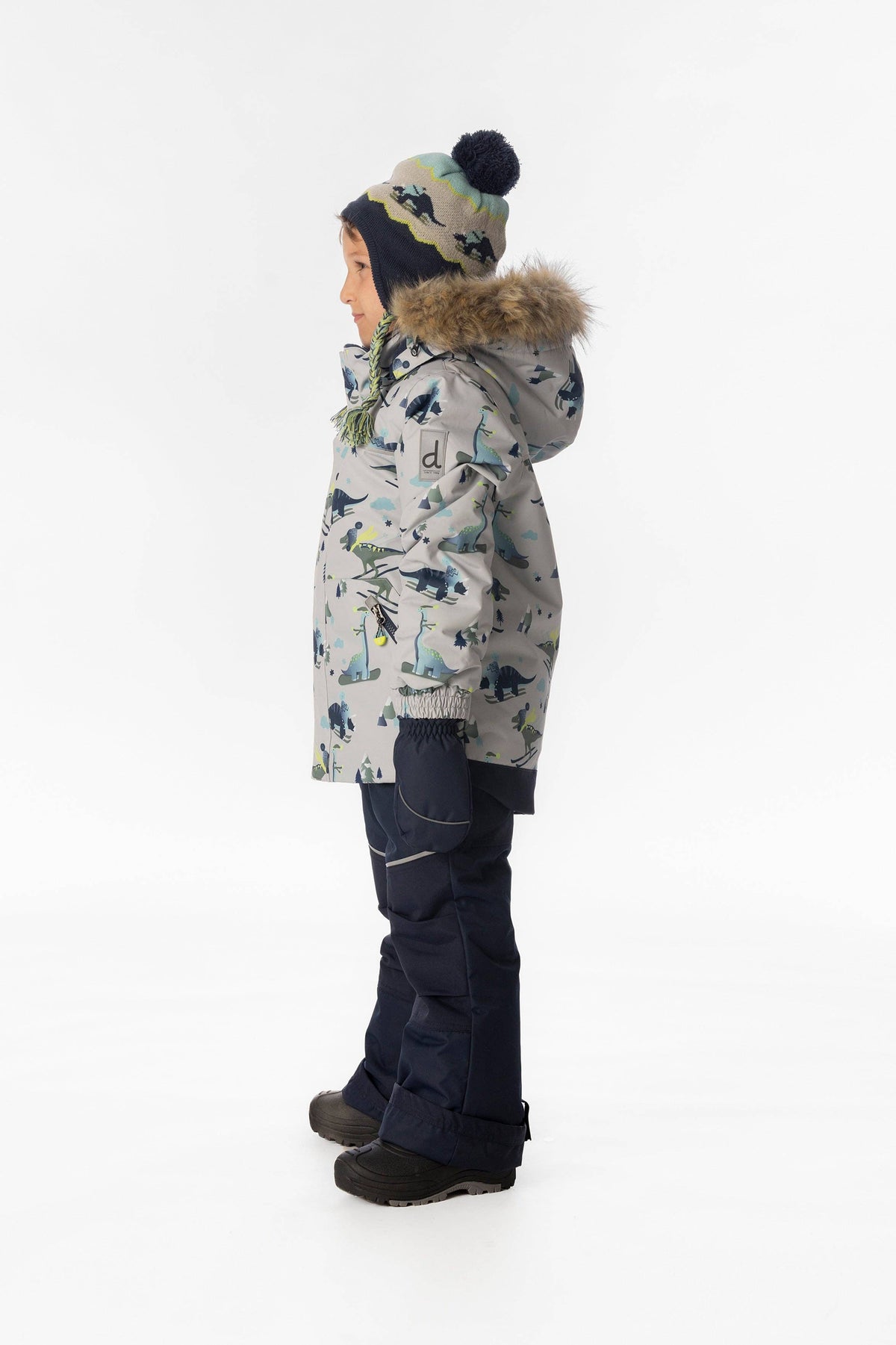 [Pre-order] Two Piece Discover Snowsuit Grey Skiing Dinosaur Print