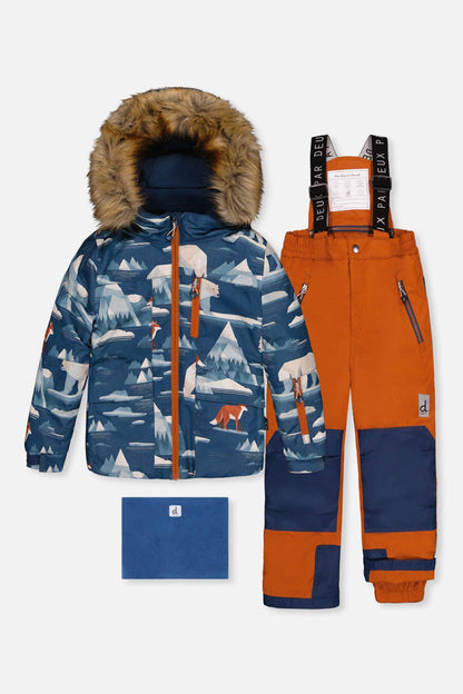 [Pre-order] Two Piece Play Snowsuit Blue Bear Print With Rust Pants