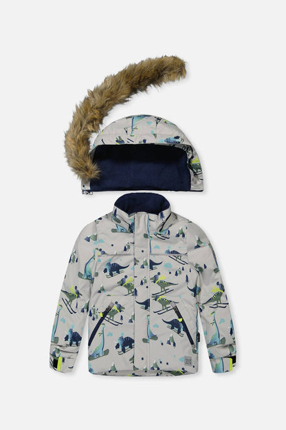 [Pre-order] Two Piece Discover Snowsuit Grey Skiing Dinosaur Print