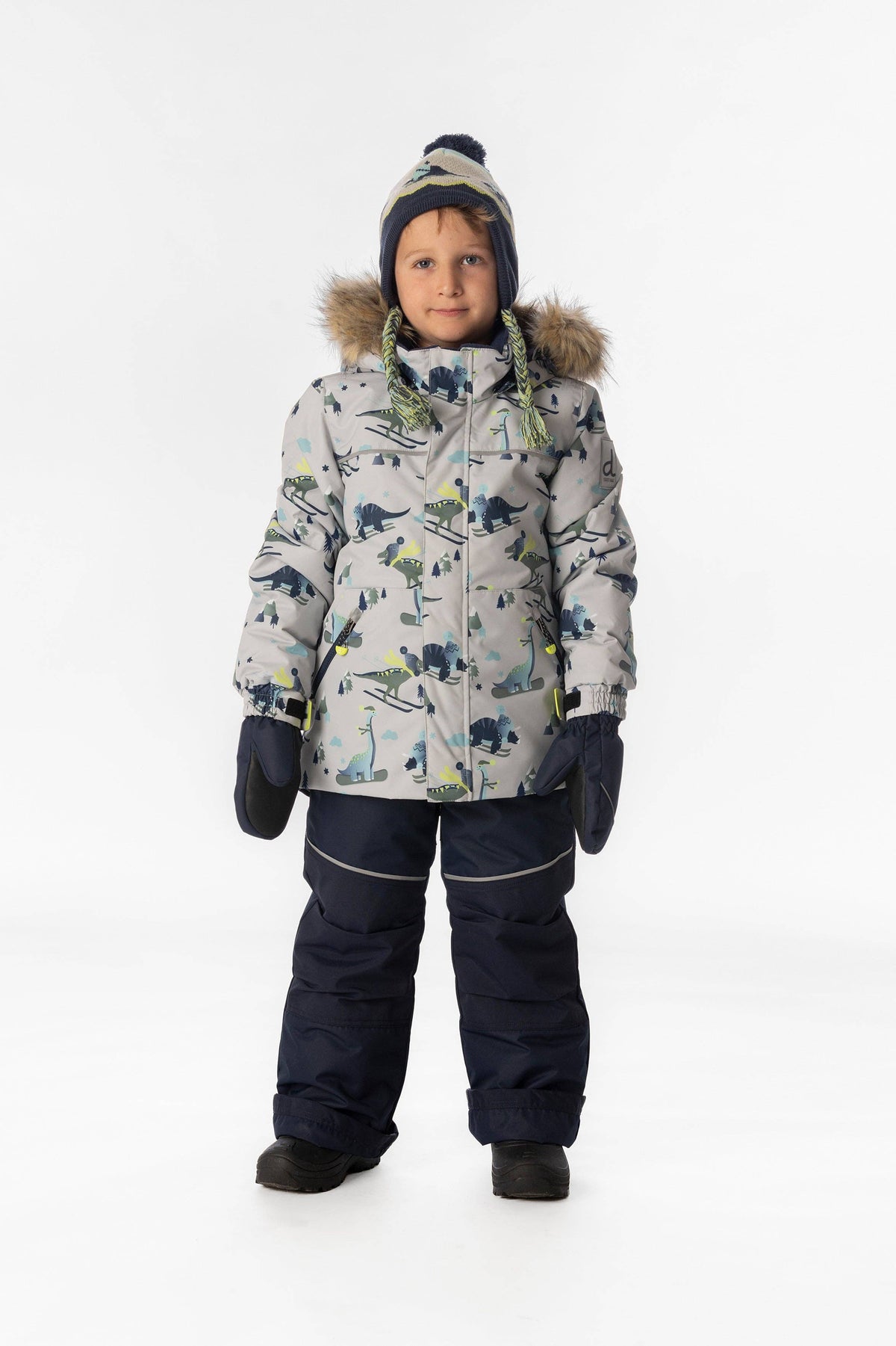 [Pre-order] Two Piece Discover Snowsuit Grey Skiing Dinosaur Print